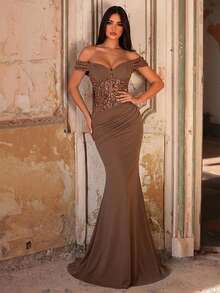 Glamrae Vestido elegante y lujoso con mangas bordadas con cuentas y lentejuelas, hombros descubiertos, empalme, elástico fruncido y bajo de sirena, adecuado para bodas, fiestas, vacaciones, galas y ocasiones formales (resistente) - Óxido marrón - Ver 8