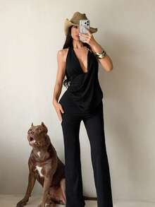 Sirith Backless V-Neck Fitted Jumpsuit, Elegant Sexy Minimalist Versatile Spring/Autumn - Black - View 3