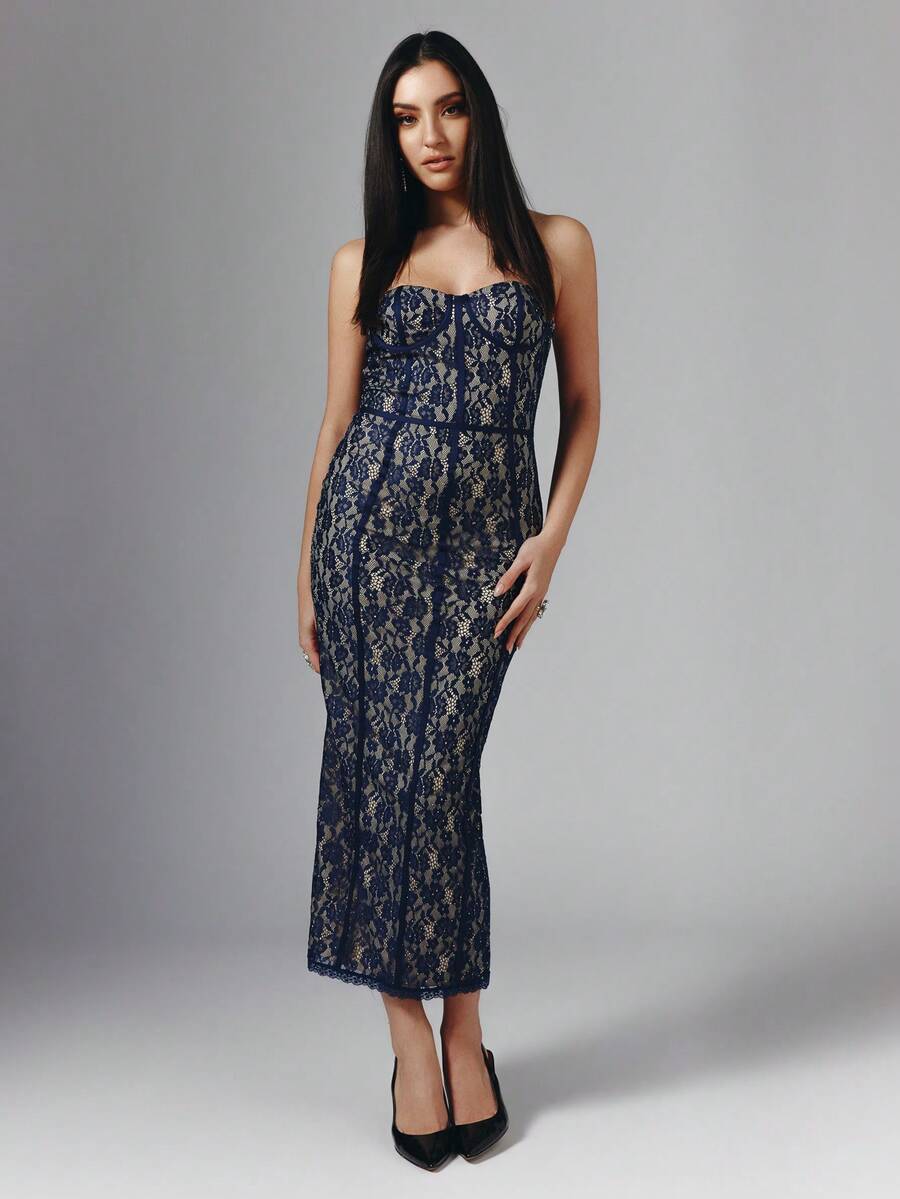 OverBlushhh Đầm ống ôm sát bằng ren thanh lịch, thích hợp cho mùa hè. - Màu xanh hải quân - Xem 1