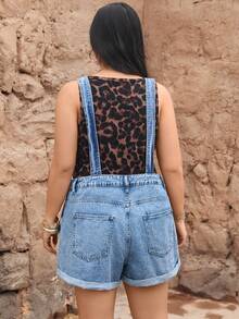 SHEIN Unity Bộ jumpsuit denim dáng rộng, đa năng, có túi, dành cho nữ cỡ lớn, phong cách Y2K, thích hợp mặc hàng ngày. - Rửa nhẹ - Xem 2