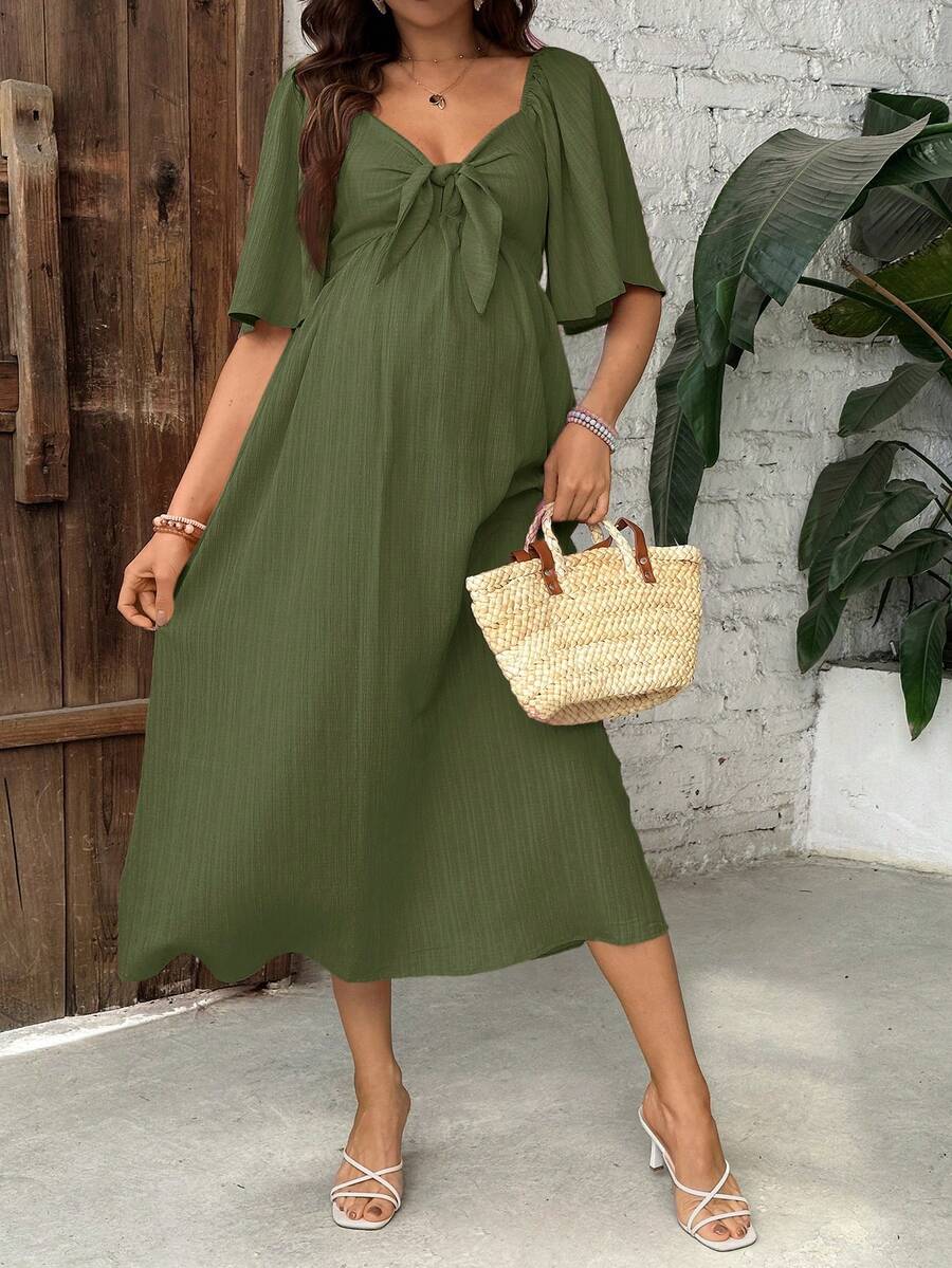 SHEIN Đầm bầu dáng midi buộc dây phía trước, tay bồng, kiểu dáng thường ngày. - xanh quân đội - Xem 1