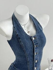 Elamini Bộ áo liền quần denim nữ kiểu dáng thường ngày, có nơ và túi, cài một hàng khuy. - Rửa trung bình - Xem 3