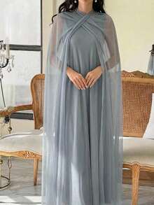 Al Najma Women's Turkish Maxi Dress & Arabic Traditional Abaya Kaftan Jalabiya Dress Light Blue Long Dress Dress With Cape Elegant Dress Najma Dress Party Dress - Green - View 1