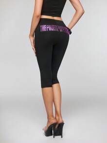 THE POWERPUFF GIRLS X SHEIN 女士字母印花休闲百搭日常打底裤 - 黑色 - 查看 1