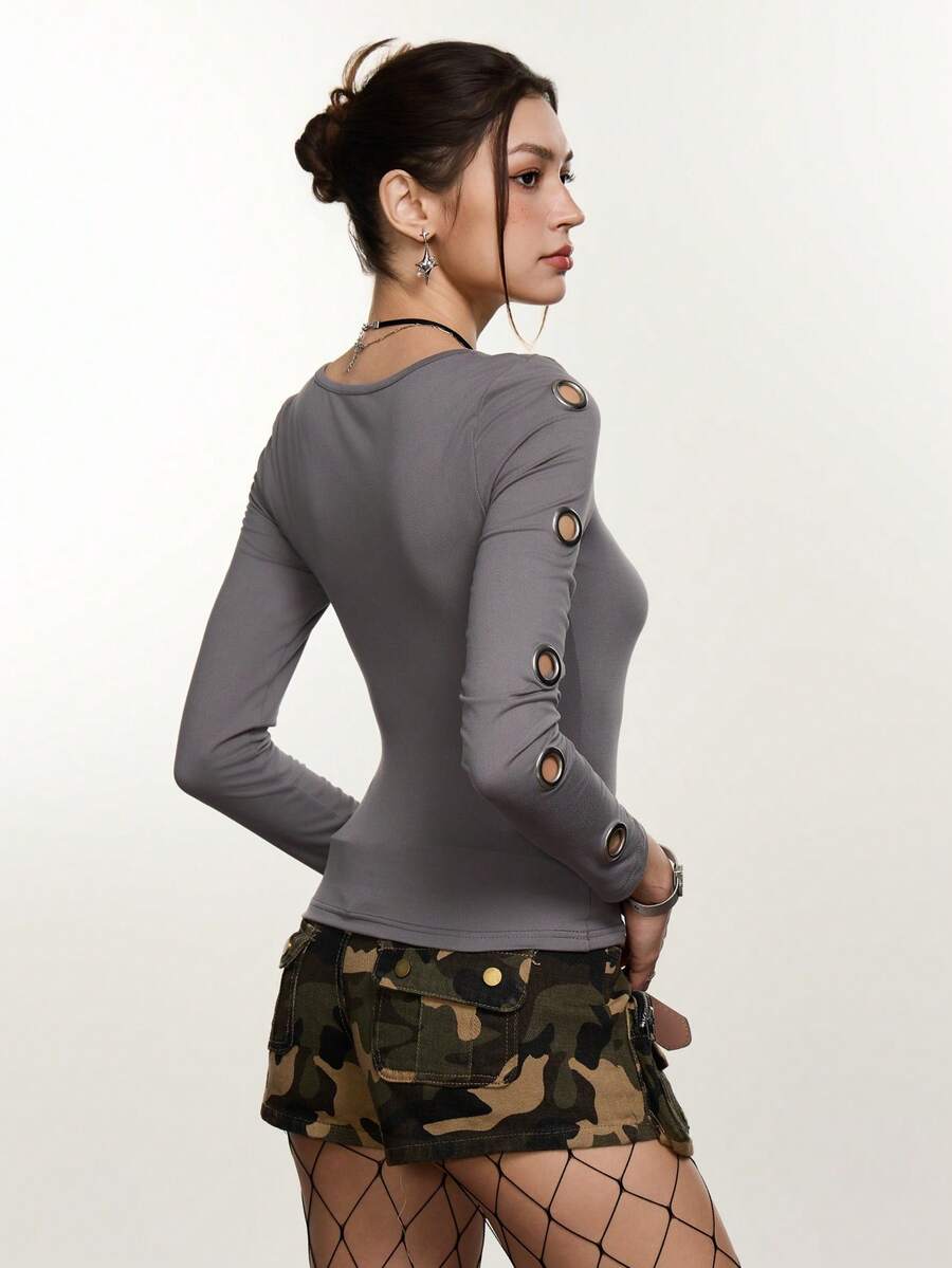Rina Fox Women's Solid Color Scoop Neck Long Sleeve Fitted Casual Versatile T-Shirt - Mocha Brown - View 1