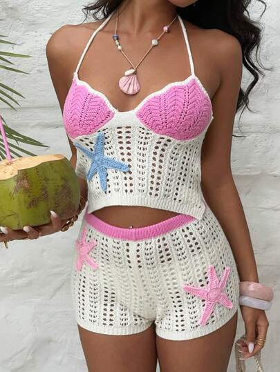 Aloruh Quần short nữ thanh lịch cạp thấp màu hồng và trắng phối họa tiết sao biển, thích hợp cho kỳ nghỉ biển, chất liệu móc len.