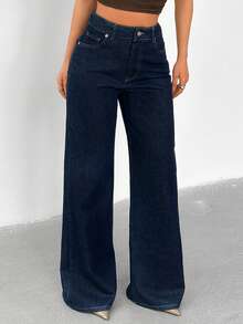 SHEIN Women Dark Blue Raw Denim High-Rise Denim Jeans - Navy Blue - View 5