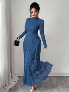 Modelyn Gaun Wanita Model French Style dengan Kerah Tinggi dan Renda serta Pinggang yang Diikat - Navy Blue - View 5