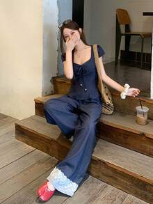 DAZY Women's Korean Style Ruffle Trim Denim Effect Shirt And Elongated Pants 2 Pieces Set - Blue - View 4