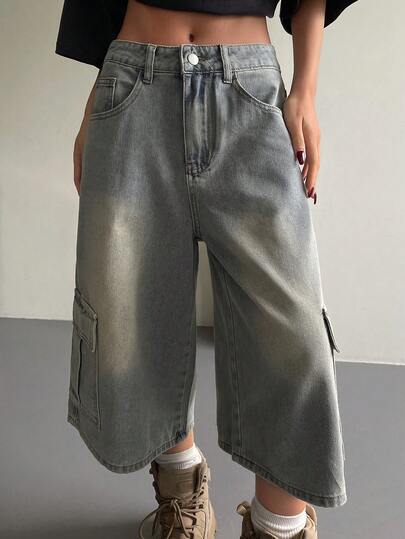 DAZY Shorts vaqueros anchos y cortos con bolsillos, de corte holgado para mujer