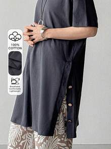 FRIFUL Áo thun nữ màu xám trơn, 100% cotton, xẻ tà bên hông, dáng rộng, thoải mái, đa năng. - Xám - Xem 9
