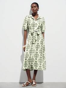 Aveloria Modichic Rochie elegantă de damă pentru navetă, zi de zi și vacanță, cu imprimeu minimalist, rever, mânecă bufantă, talie strânsă și nasturi în față - Verde - Vizualizare 3