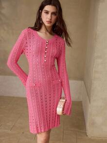 MOTF PREMIUM WOMEN'S SOLID COLOR FLARE SLEEVE FITTED OPEN KNIT SWEATER DRESS - Hot Pink - View 5