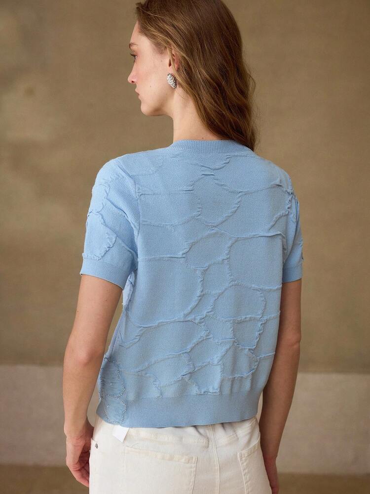 MESH PATCHWORK FLORAL PATTERN FAUX PEARL BEADED DECOR SHORT SLEEVE CARDIGAN