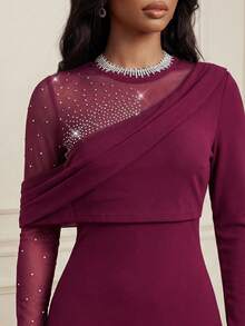 Anewsta Elegant One-Shoulder Mesh Rhinestone Splice Slit Fitted Maxi Dress, Burgundy Red For Evening Party - Burgundy - View 1