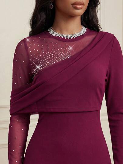 Anewsta Elegant One-Shoulder Mesh Rhinestone Splice Slit Fitted Maxi Dress, Burgundy Red For Evening Party