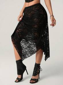 SHEIN ICON 女士弹力腰带花卉蕾丝不对称下摆时尚半身裙 - 黑色 - 查看 1