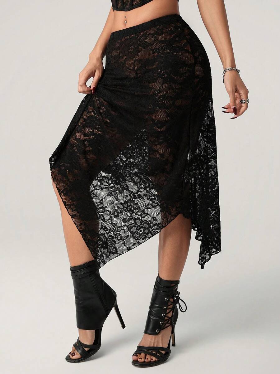 SHEIN ICON 女士弹力腰带花卉蕾丝不对称下摆时尚半身裙 - 黑色 - 查看 1
