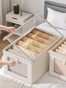 Large Storage Basket | Sturdy Fabric Wardrobe Storage Box With Transparent Window For Organization | Foldable Home Storage With Lid, Beige, Grey - Multicolor - View 3