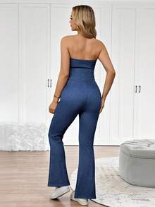 SHEIN 2pcs Maternity Tube Top With Asymmetric Hem & Drawstring And Flare Leg Jeans Set Spring To Summer Carnival Costume Commuting Vacation Graduation Chic Y2k Cute Streetwear Party Wedding Elegant Business Casual Woman Chic Maternity Denim Two Pieces Outfit Strapless Ruched Top And Flared Trousers For Expecting Moms - Blue - View 2