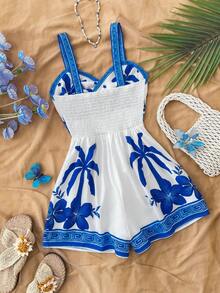 Teen Girls Bodysuits & Jumpsuits Blue White Vacation Palm Tree Print Cutout Waist Jumpsuit Summer Outfit ,Floral Jumpsuit Vacation Holiday Casual Outfit Summer Clothes - Blue and White - View 2