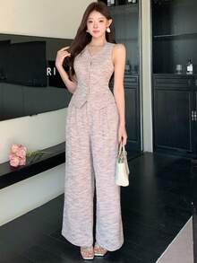 DAZY Women's Elegant Textured Faux Pocket V-Neck Vest And Wide Leg Pants 2-Piece Set, Spring/Summer - Pink - View 7