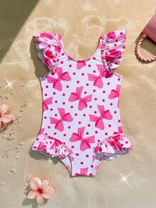 SHEIN Baby Girls' Swimsuit, Cute Pink Bow Print, Shoulder Ruffle Design One-Piece Swimwear, Suitable For Summer Vacation, Swimming, Beach, Pool Party - Multicolor - View 5