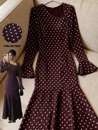 Franclia Women's Elegant Polka Dot Print Long-Sleeved Dress With Ruffled Cuffs And A Fitted Silhouette; French Elegance And Poise; Middle Eastern Style; Suitable For All Seasons; Summer; Brown Dress; Summer; Summer Outfits; Spring Outfits; Easter; Women's Holiday Outfits; Summer Dresses; Spring Dresses; Women's Easter Dresses; Easter; Party Dresses; Elegant Party Dresses; Beach Dresses; Beach; Women's Elegant Dresses; Women's Casual Dresses; Women's Holiday Outfits; Vacation Dresses; Women's Formal Dresses/Gowns; Women's Commuting Outfits; Brown Dresses; Polka Dot Dresses; Ruffled Dresses; Skirts; Country Music Concert Outfits; Country Style Dresses; Graduation Dresses For Mothers; Graduation Dresses; Women's Wedding Guest Dresses.Graduation Season Attire, Fashionable Casual Commuter Wear, Business Office Wear, Versatile And Stylish Everyday Casual Wear, Urban Teacher's Professional Attire