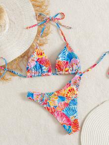 Swim Mod Summer Vacation Sexy Fashion Allover Shell Print Halter Tie Two Pieces Bikini Set - Multicolor - View 2