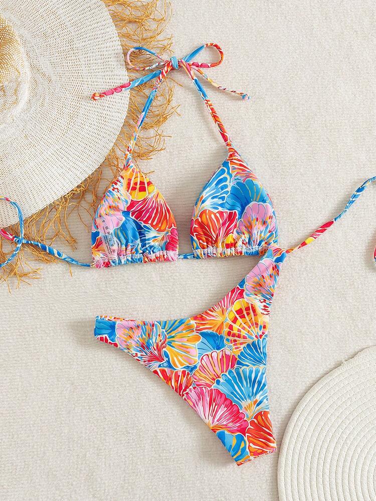 Swim Mod 夏季度假性感时尚贝壳印花露背系带两件式比基尼套装 - 彩色 - 查看 2