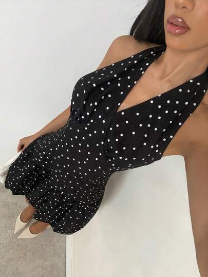 Avenne Romantic Polka Dot Halter Bubble Hem Short Dress