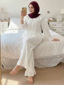 DAZY 浪漫轻盈纹理面料荷叶边女士睡衣套装 - 白色 - 查看 6