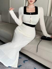 DAZY Elegant,Black And White,Office,Autumn Textured Lace Dress,Metal Buckle Decor Fitted Waist Long Sleeve Midi Dress For Women,Formal Wedding Party Wear - Beige - View 5