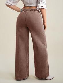 SHEIN Tall Women's Elastic Waist Casual Versatile Daily Wear Wide Leg Jeans - Brown - View 2