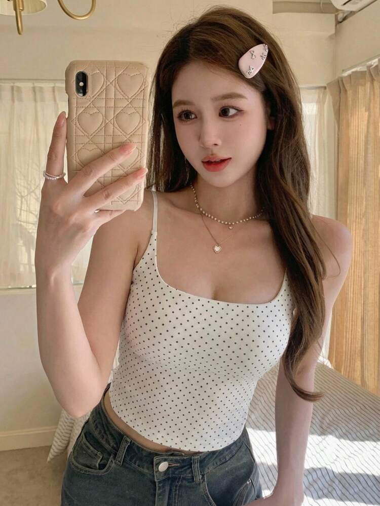 Women's Polka Dot Camisole, Korean Style Solid Color Undershirt Summer