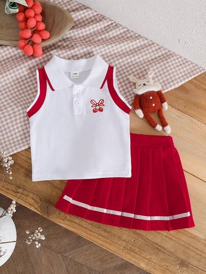 SHEIN 女婴蝴蝶结樱桃印花Polo衫搭配百褶迷你裙套装，时尚日常穿着