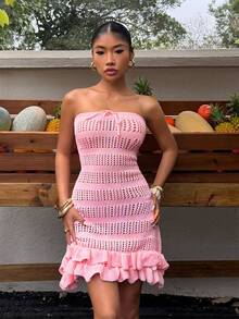 Sunnyshic 女士性感沙滩时尚粉色无肩带镂空紧身迷你连衣裙针织毛衣裙 - 淺粉色 - 查看 3