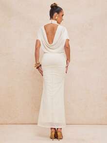 Lumalex 女士纯色露背褶皱修身优雅连衣裙 - 杏色 - 查看 7