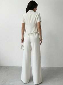 Firerie Bộ đồ vest thường ngày ve áo cổ bẻ tay ngắn hai hàng khuy trơn màu dành cho nữ và quần ống rộng - Màu be - Xem 4