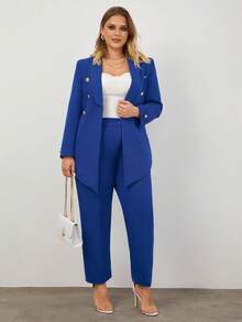 SHEIN Cottnline Plus Shawl Collar Double Breasted Blazer & Pants - Blue - View 4