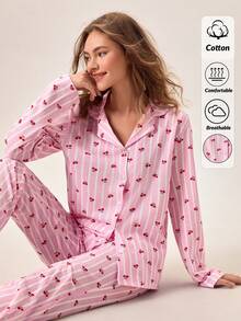 Loomlin Cotton Women 2 Pcs Sriped&Cheery Patterned Button Front Detail Long Sleeve&Pants Homewear Pajama Set - Multicolor - View 1