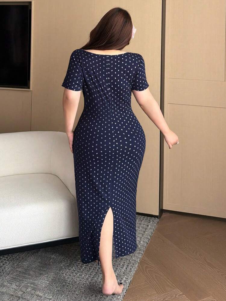 Dazy Plus Tiny Floral All-Over Print Tight-Fitting Long Nightgown, Short Sleeve Sleepwear For Spring/Summer