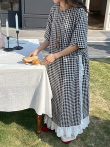 FRIFUL Women's Plaid Black & White Patchwork Sheer Lace Trim Pleated Loose Casual Dress - Black and White - View 6