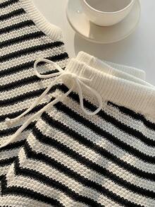 SHEIN EZwear New Summer Festival  Beach Vacation 2pcs Vacation Casual Striped Knit Vest And Shorts Set - Apricot - View 7