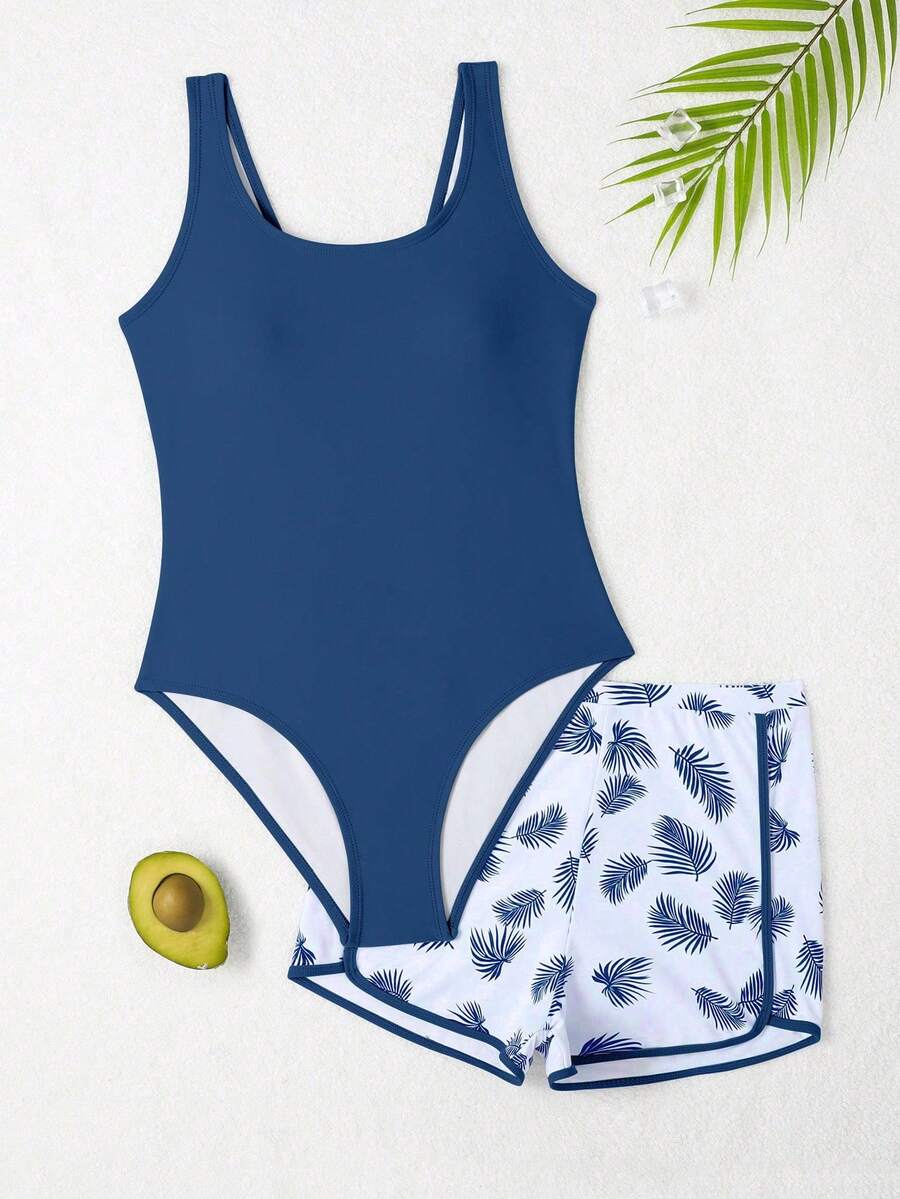 Teen Girl Solid Color Round Neck One-Piece Swimsuit With Floral Print Shorts - Blue - View 1