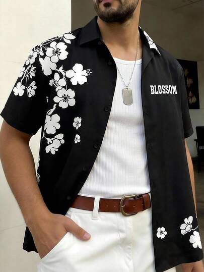 Manfinity Homme Men's Summer Vacation Black White Floral Shirt Blossom Letter Cherry Flower Branch Graphic Print Lapel Button Down Short Sleeve Hawaiian Beach Holiday Going Out Vintage Y2K Casual Resort Top,Men's Letter & Floral Pattern Single-Breasted Short Sleeve Shirt