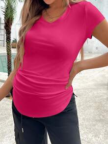 SHEIN Maternity Casual Solid Color Short Sleeve T-Shirt For Summer - Hot Pink - View 4
