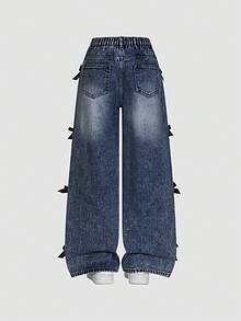 SHEIN ChillGRL Tween Girls Vintage Distressed Flare Jeans, Casual Versatile Black Denim Pants With 3D Bow Decor, Suitable For All Seasons - Dark Wash - View 2