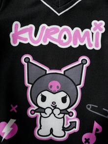 HELLO KITTY AND FRIENDS | SHEIN 女婴V领卡通字母印花休闲百搭日常短袖上衣 - 黑色 - 查看 4