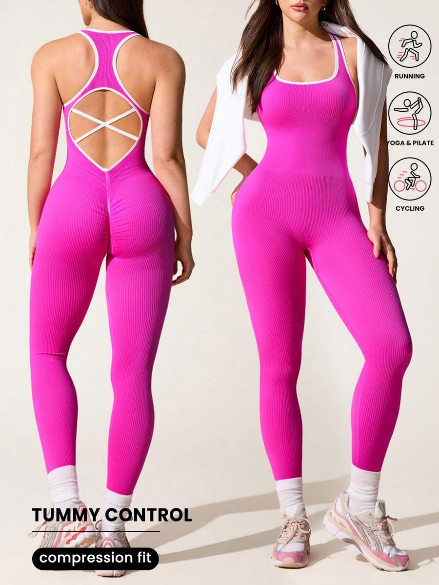 Slayform Seamless Fuchsia & White Sports Jumpsuit Gym Jumpsuit For Women Seamless Workout Jumpsuit - Hot Pink - View 1